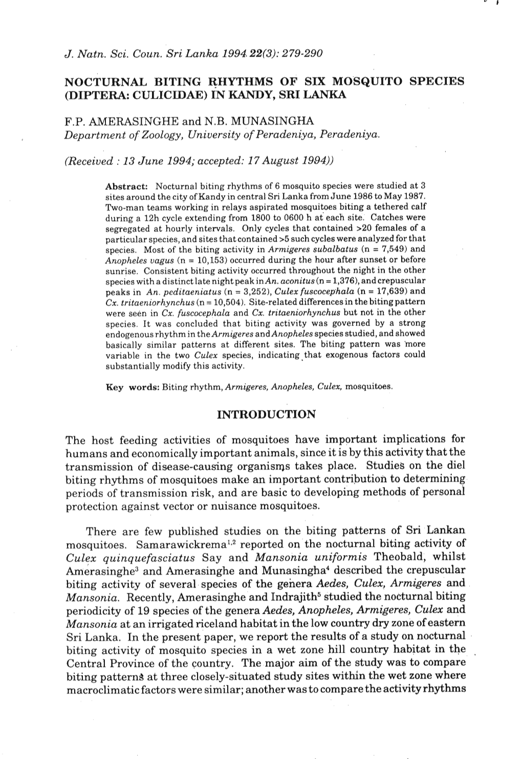 Nocturnal Biting Rhythms of Six Mosquito Species (Diptera