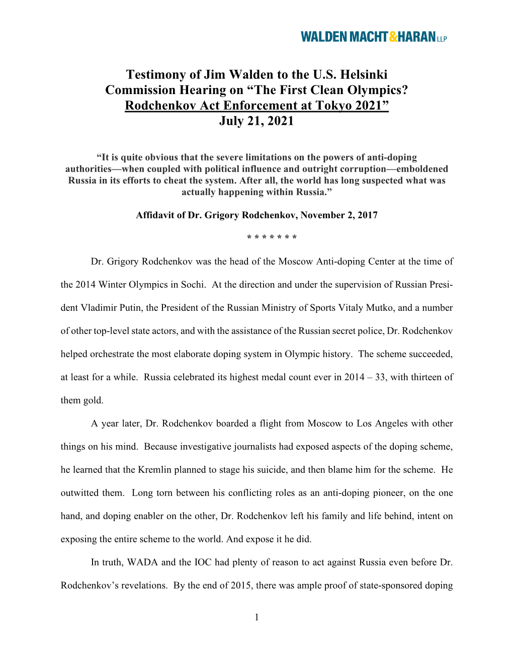 Testimony of Jim Walden to the U.S. Helsinki Commission Hearing on “The First Clean Olympics? Rodchenkov Act Enforcement at Tokyo 2021” July 21, 2021