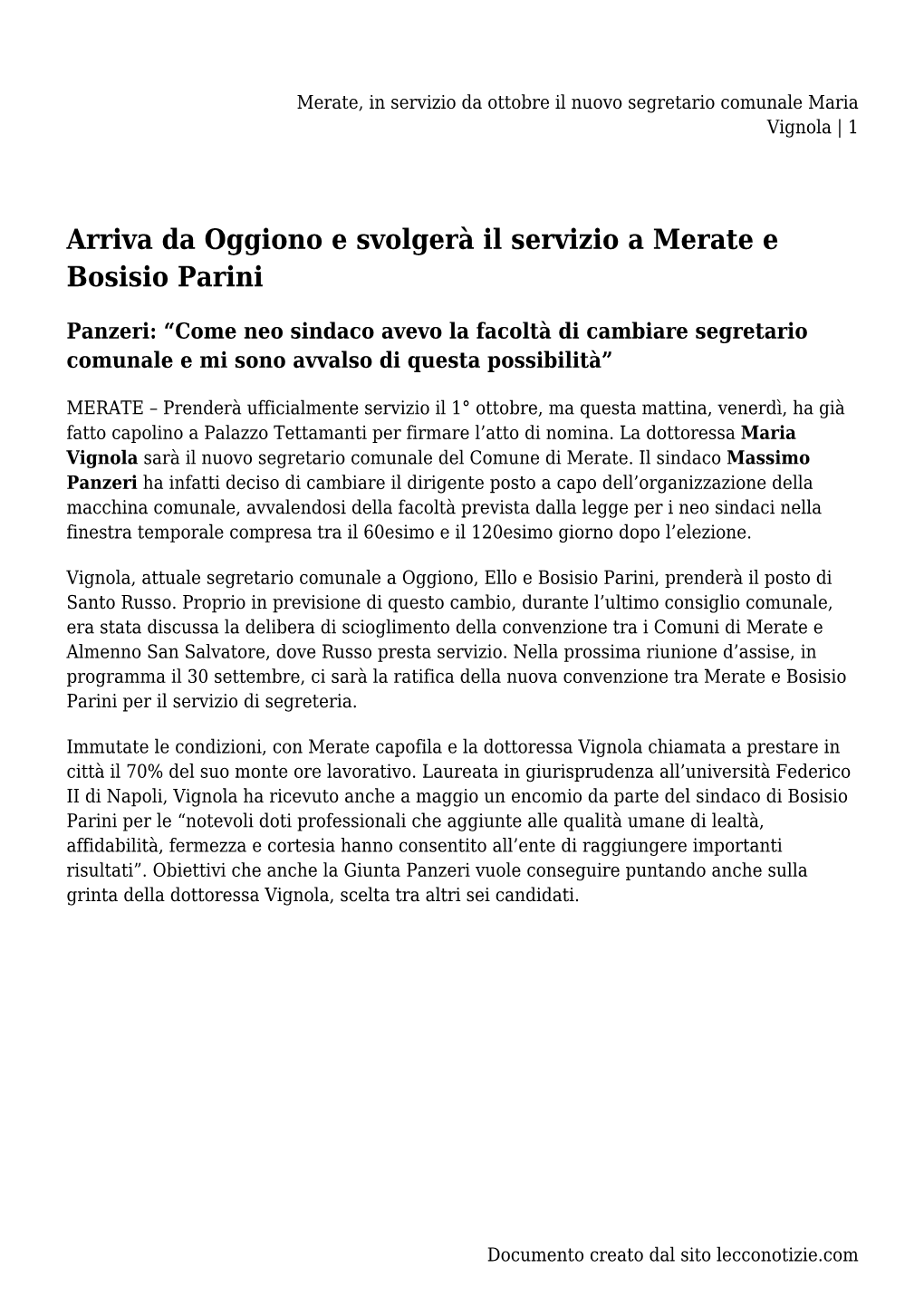 Merate, in Servizio Da Ottobre Il Nuovo Segretario Comunale Maria Vignola | 1