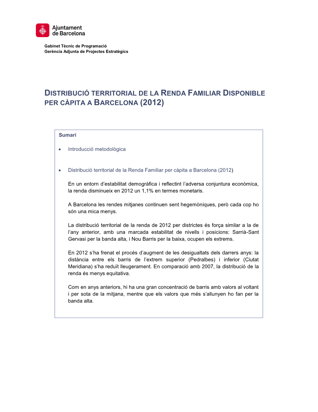 Distribució Territorial De La Renda Familiar Disponible Per Càpita a Barcelona (2012)