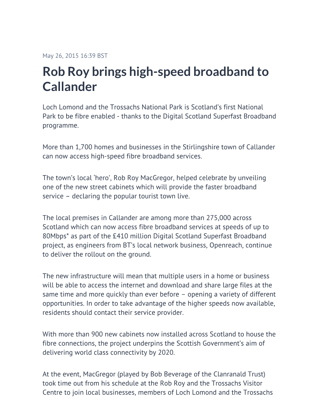 Rob Roy Brings High-Speed Broadband to Callander