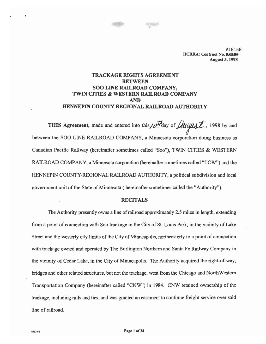 Trackage Rights Agreement Between Soo Line Railroad Company, Twin Oties & Western Railroad Company and Hennepin County Regional Railroad Authority