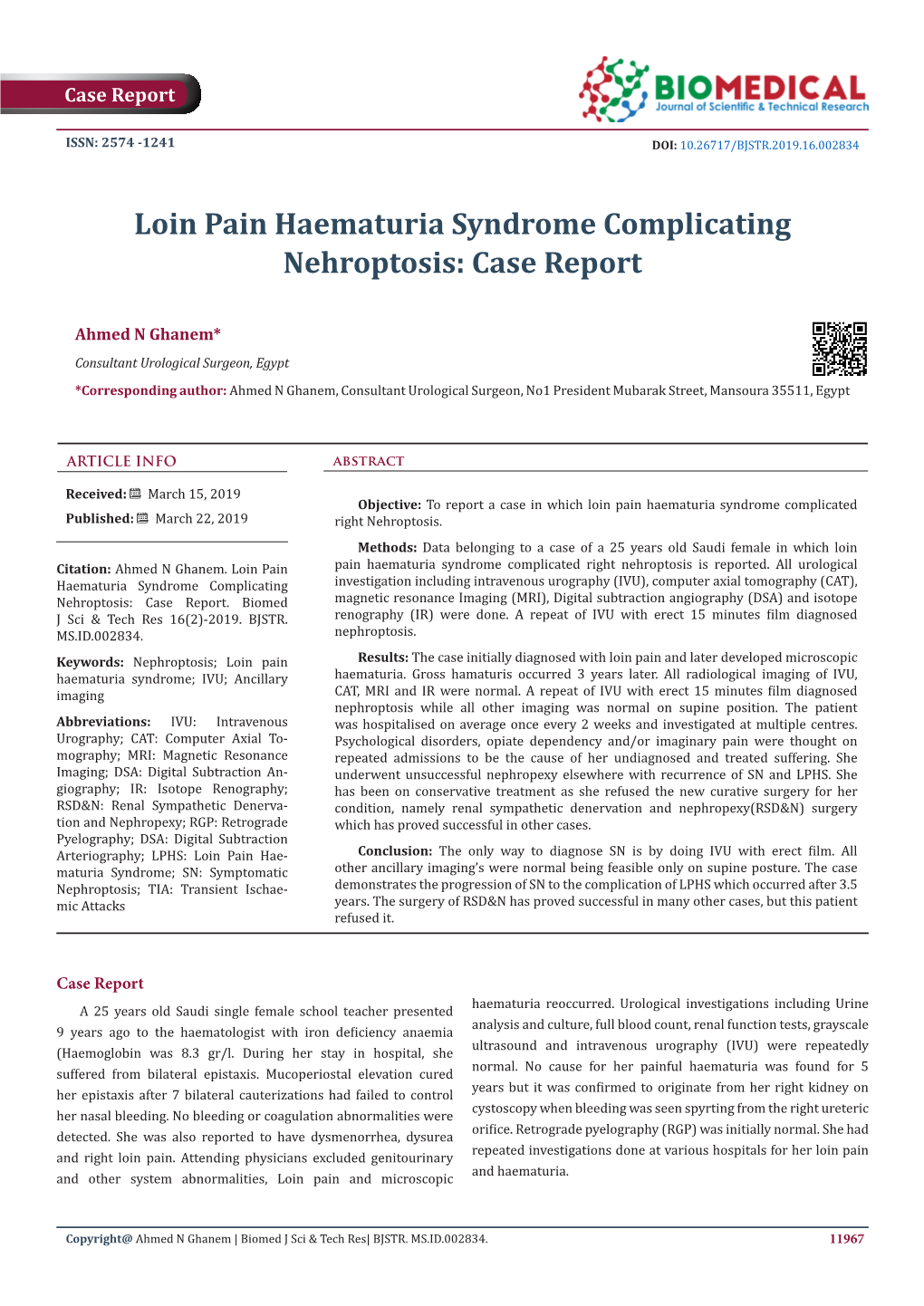 Loin Pain Haematuria Syndrome Complicating Nehroptosis: Case Report