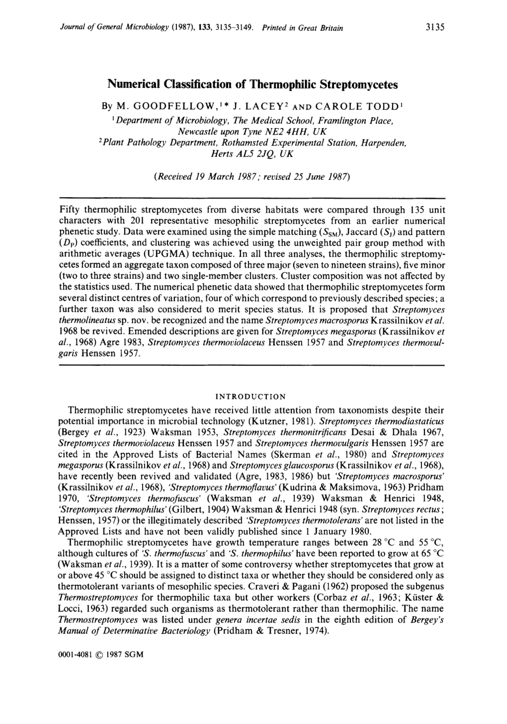 Numerical Classification of Thermo P Hilic S Trep Tom Y Ce