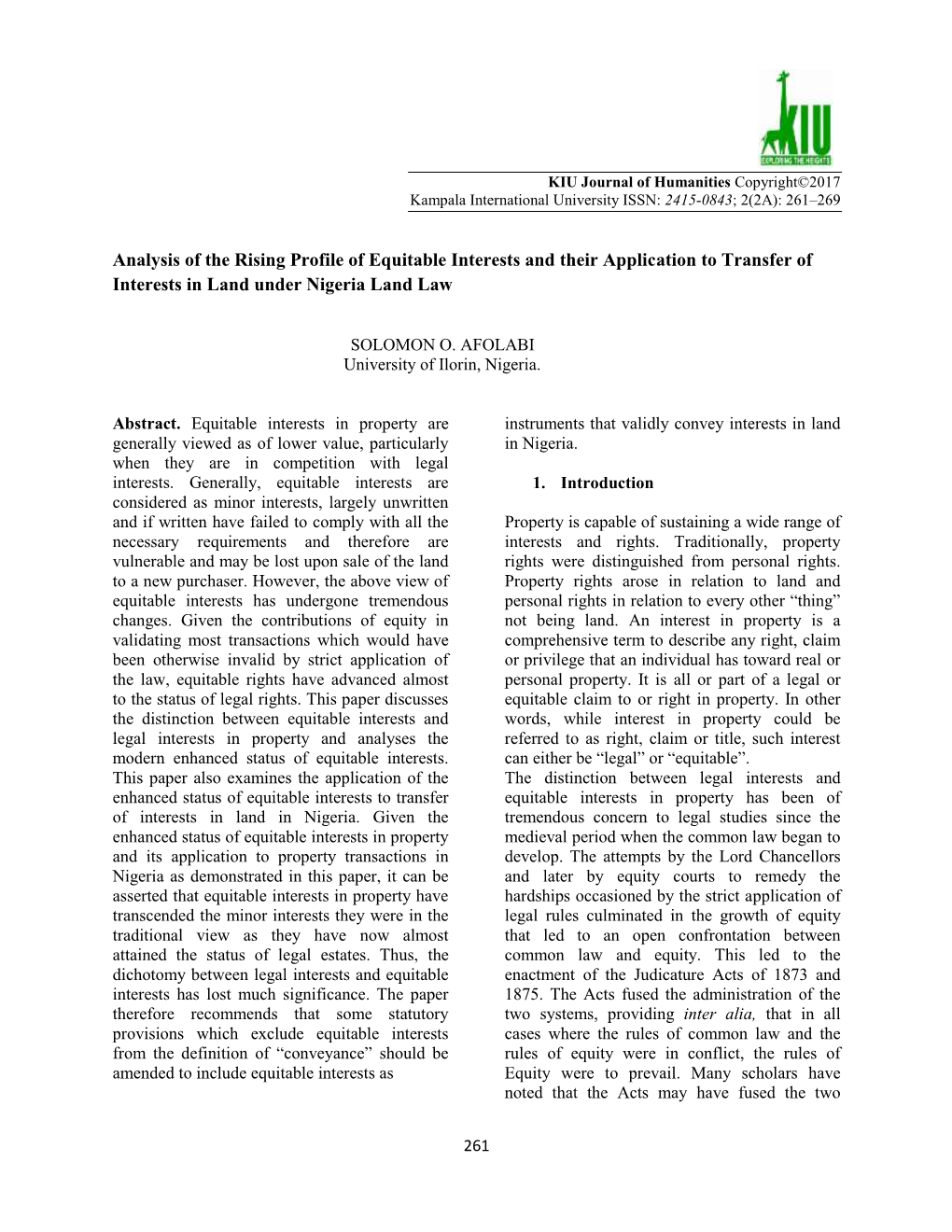 Analysis of the Rising Profile of Equitable Interests and Their Application to Transfer of Interests in Land Under Nigeria Land Law