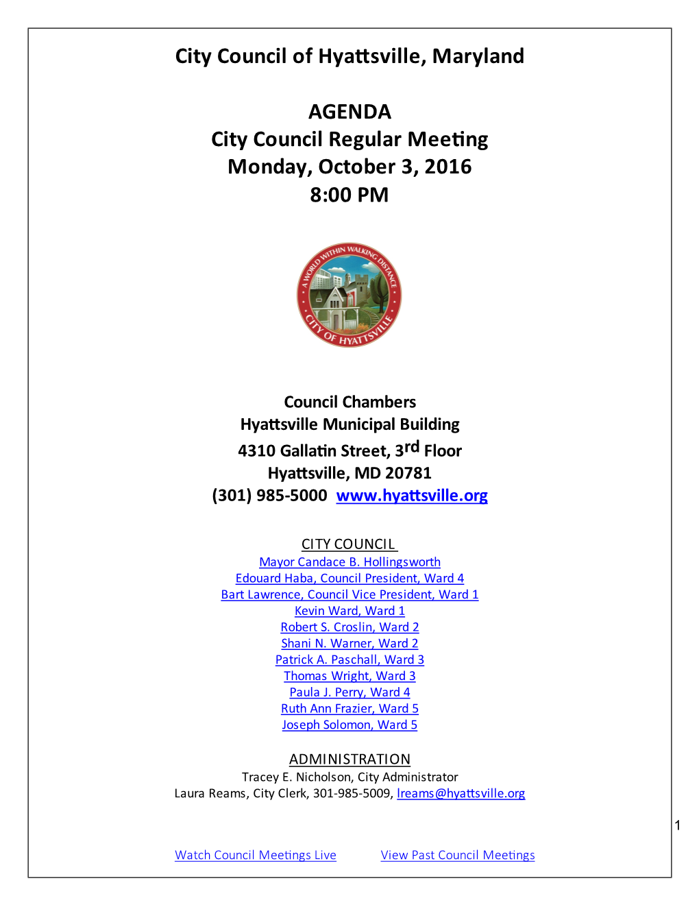 City Council of Hyattsville, Maryland AGENDA City