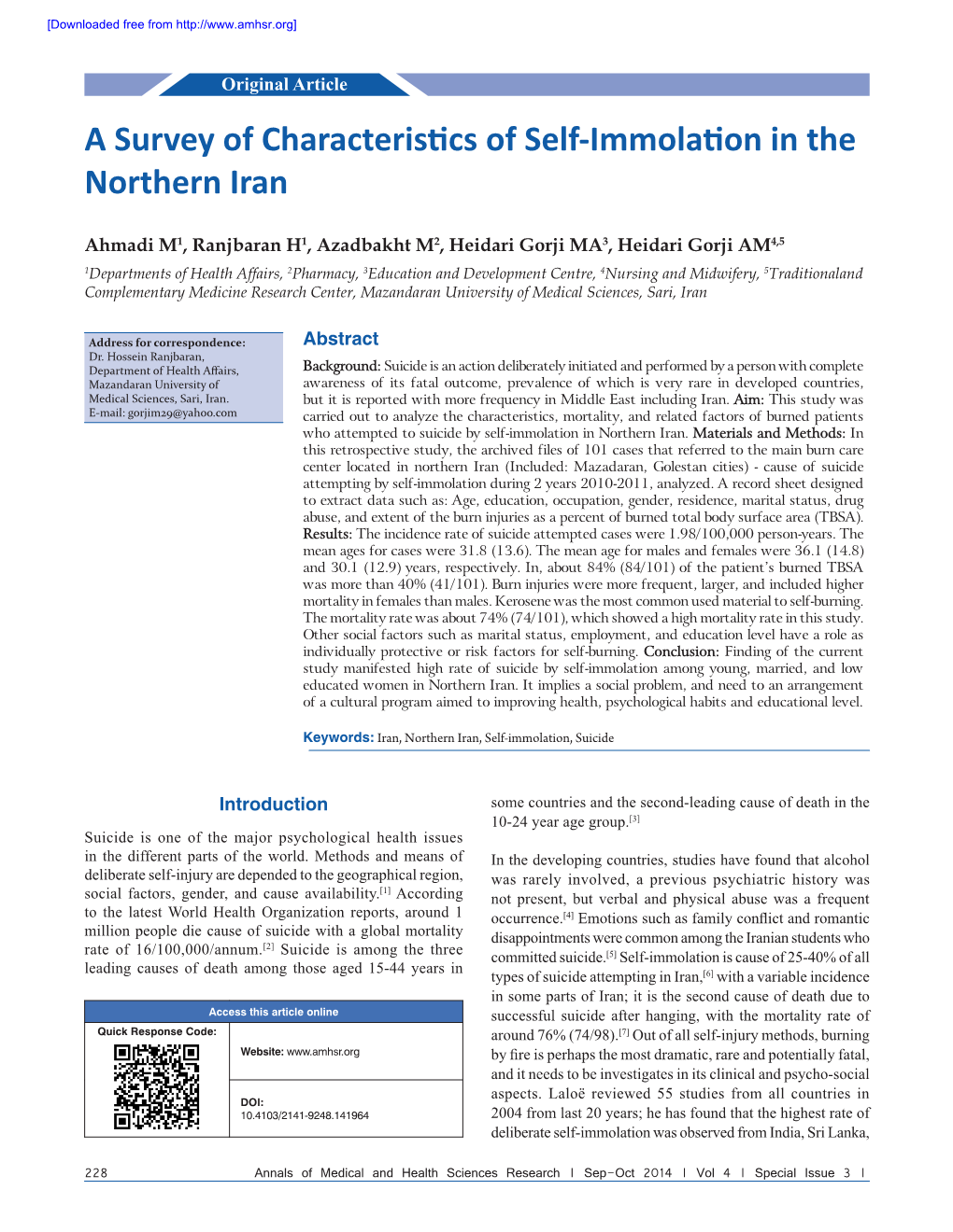 A Survey of Characteristics of Self‑Immolation in the Northern Iran