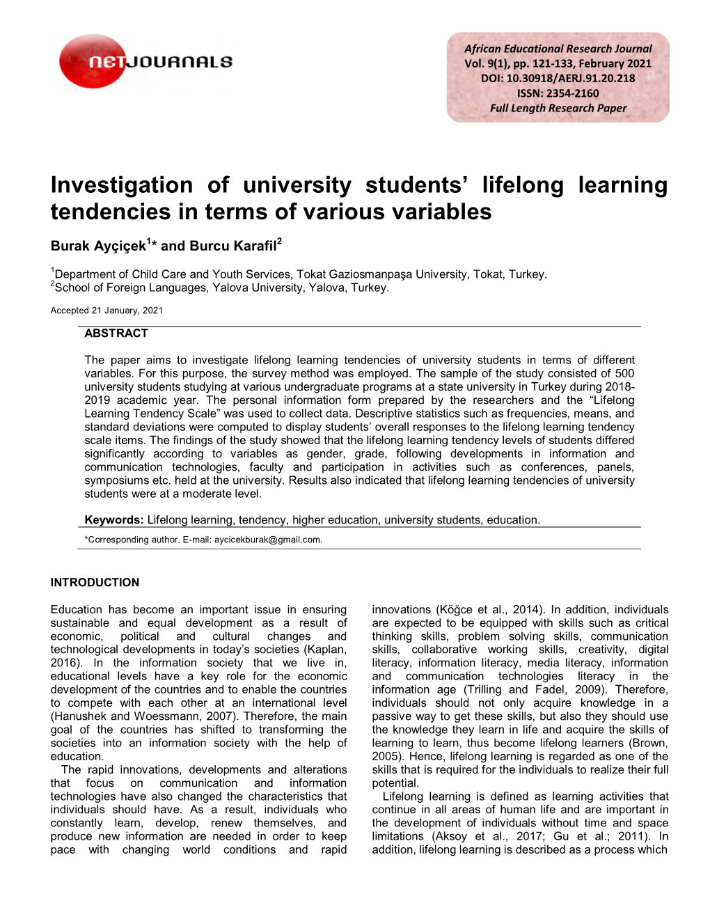 Investigation of University Students' Lifelong Learning