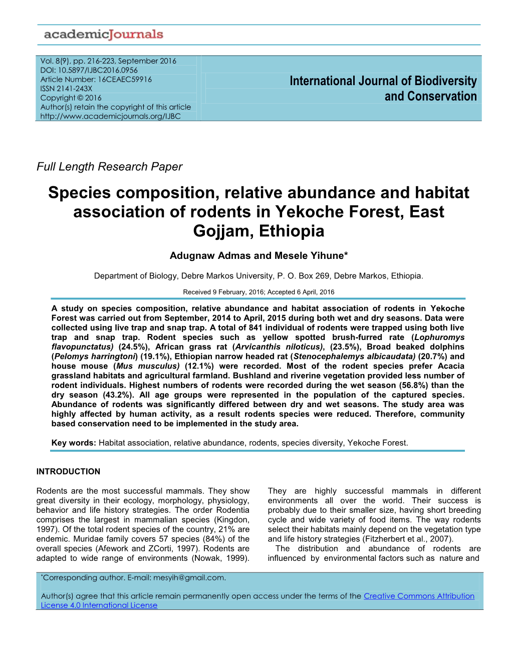 Species Composition, Relative Abundance and Habitat Association of Rodents in Yekoche Forest, East Gojjam, Ethiopia