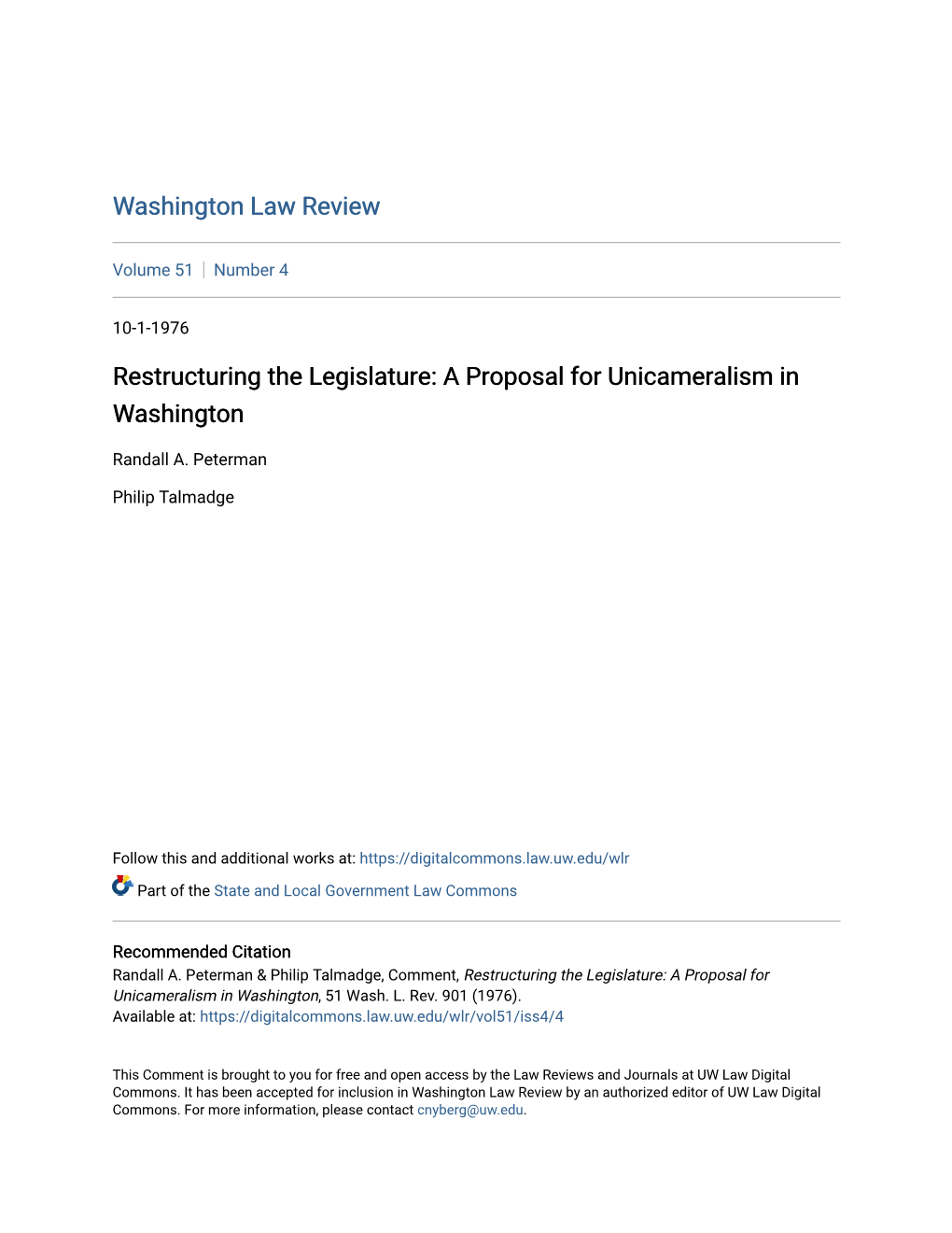 Restructuring the Legislature: a Proposal for Unicameralism in Washington