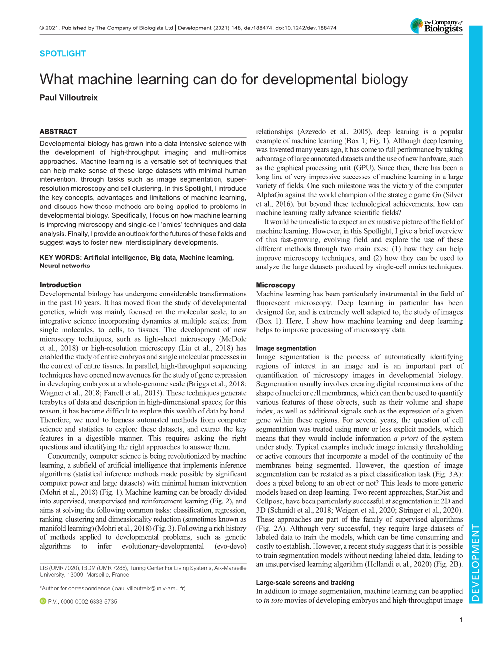 What Machine Learning Can Do for Developmental Biology Paul Villoutreix