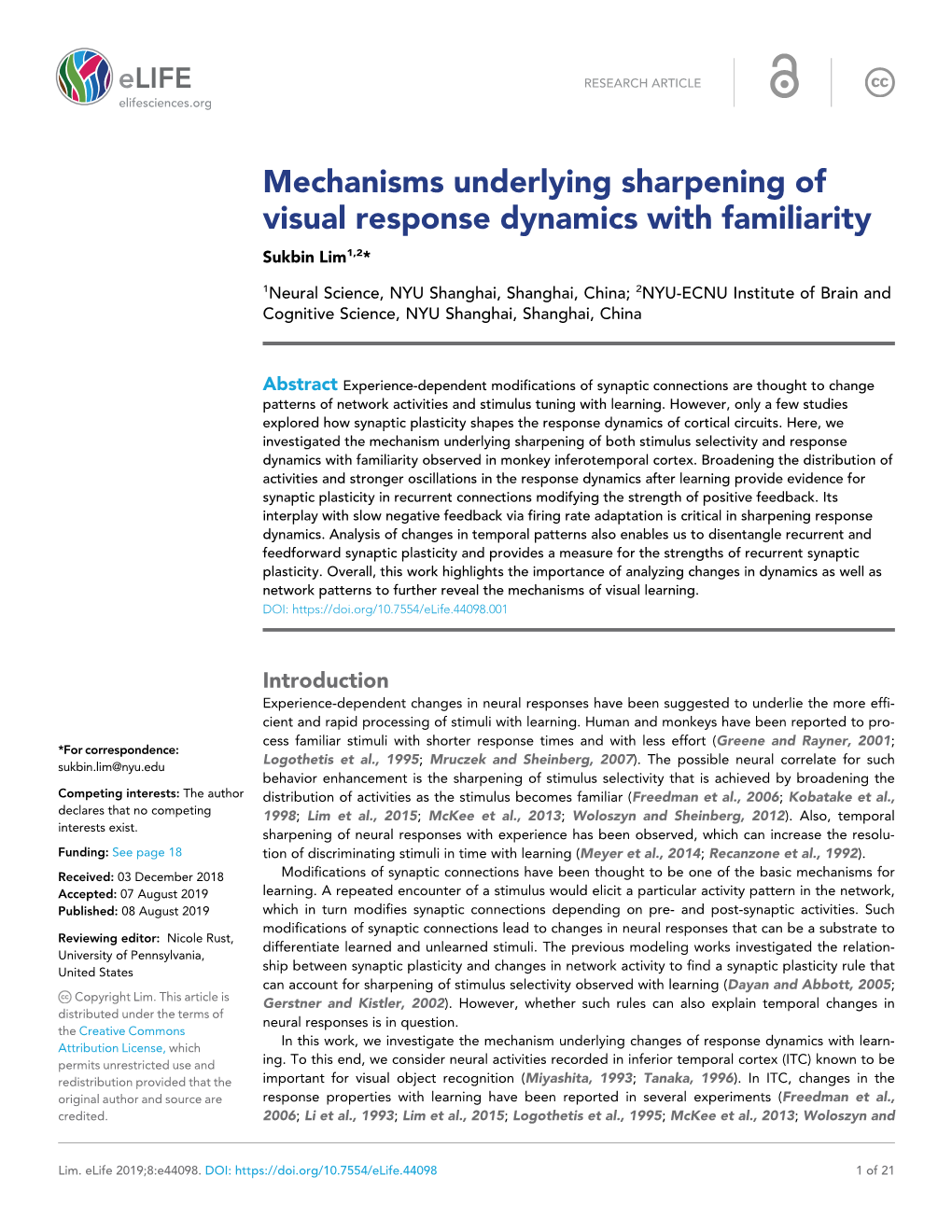 Mechanisms Underlying Sharpening of Visual Response Dynamics with Familiarity Sukbin Lim1,2*