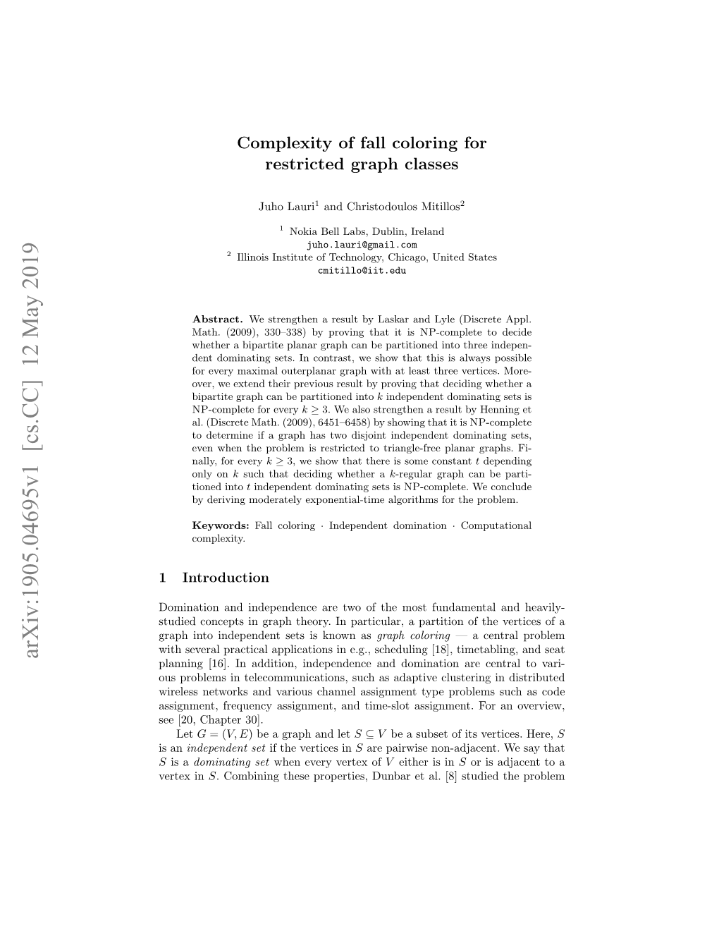 Arxiv:1905.04695V1 [Cs.CC] 12 May 2019 Planning [16]