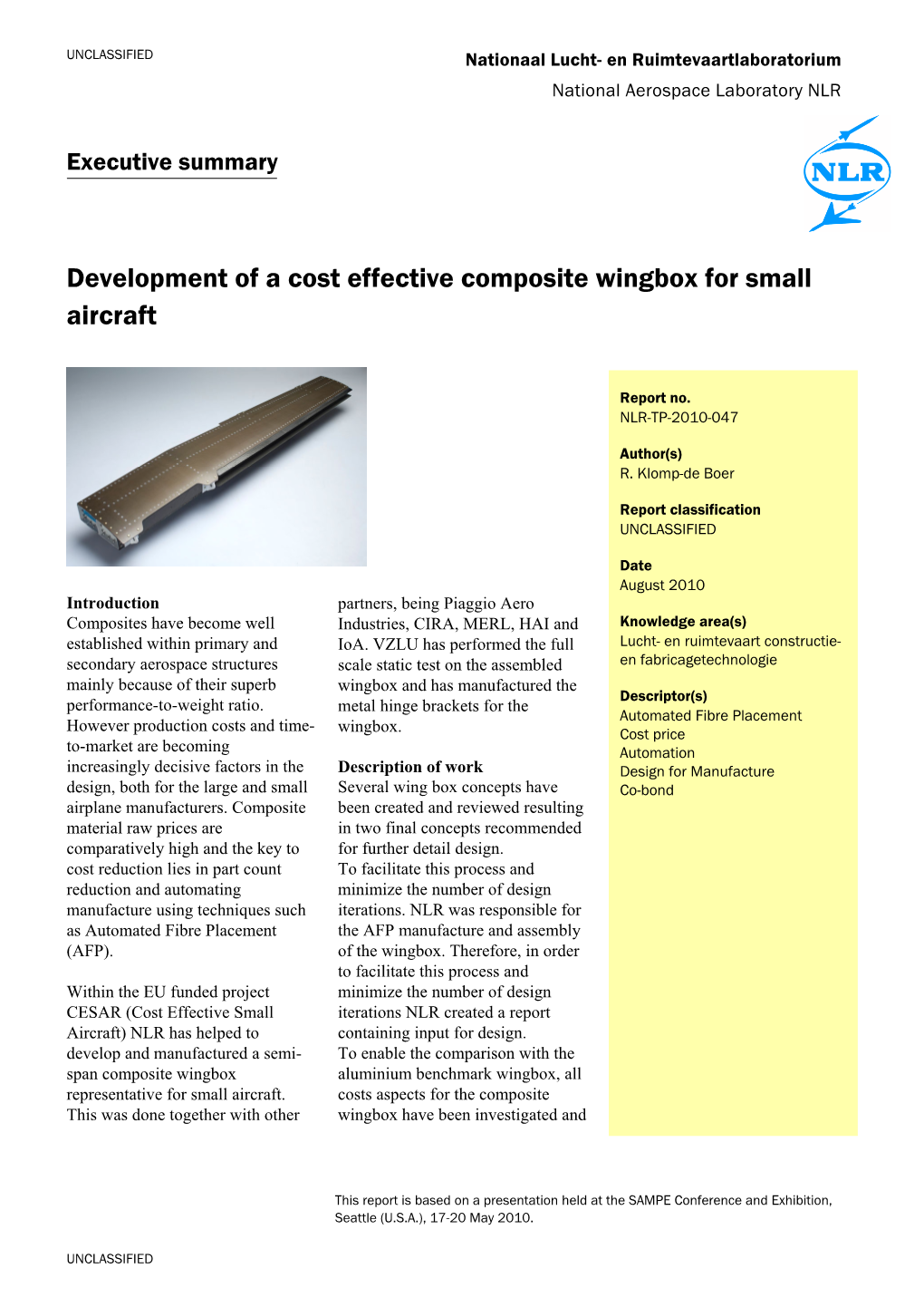 Development of a Cost Effective Composite Wingbox for Small Aircraft
