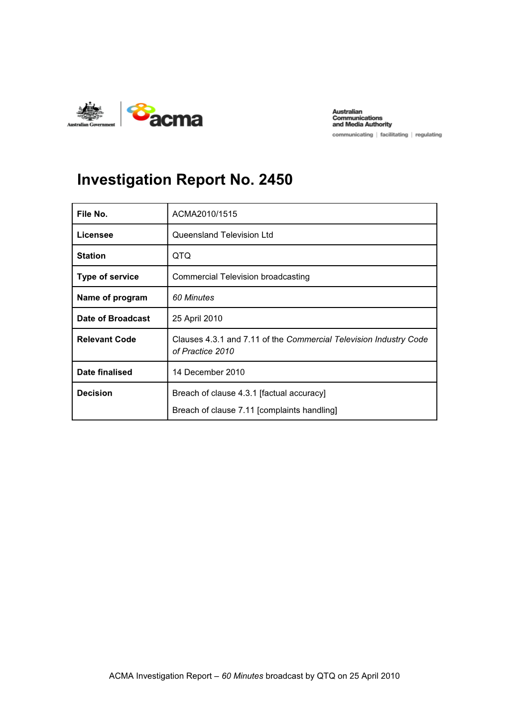 Investigation Report No. 2450