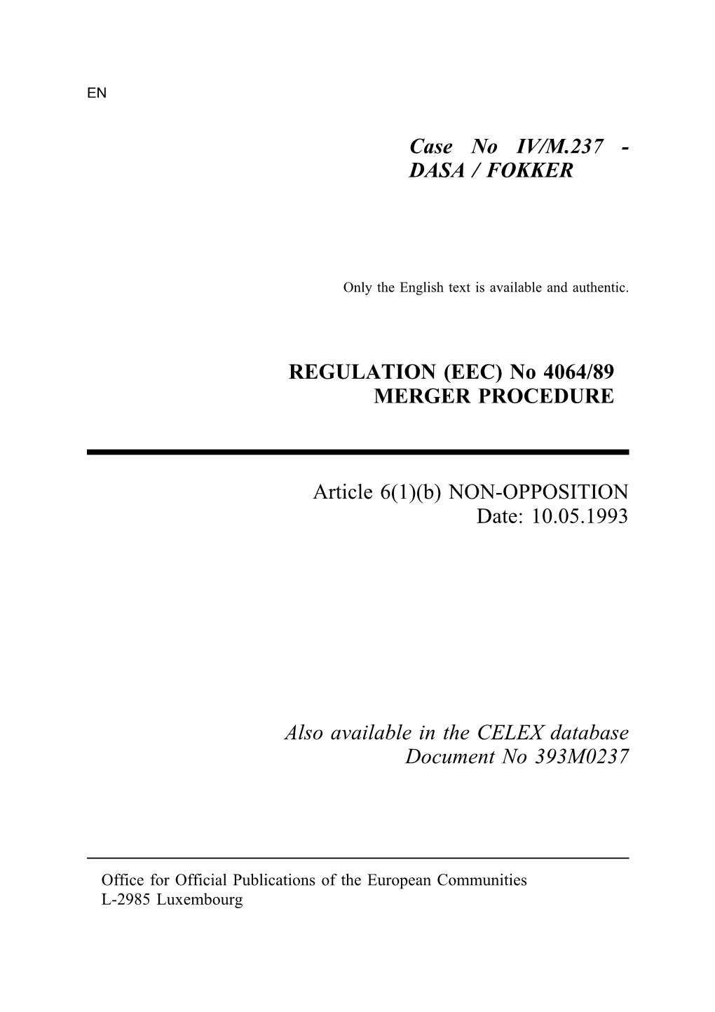 Merger Decision IV/M.237 of 10.05.1993