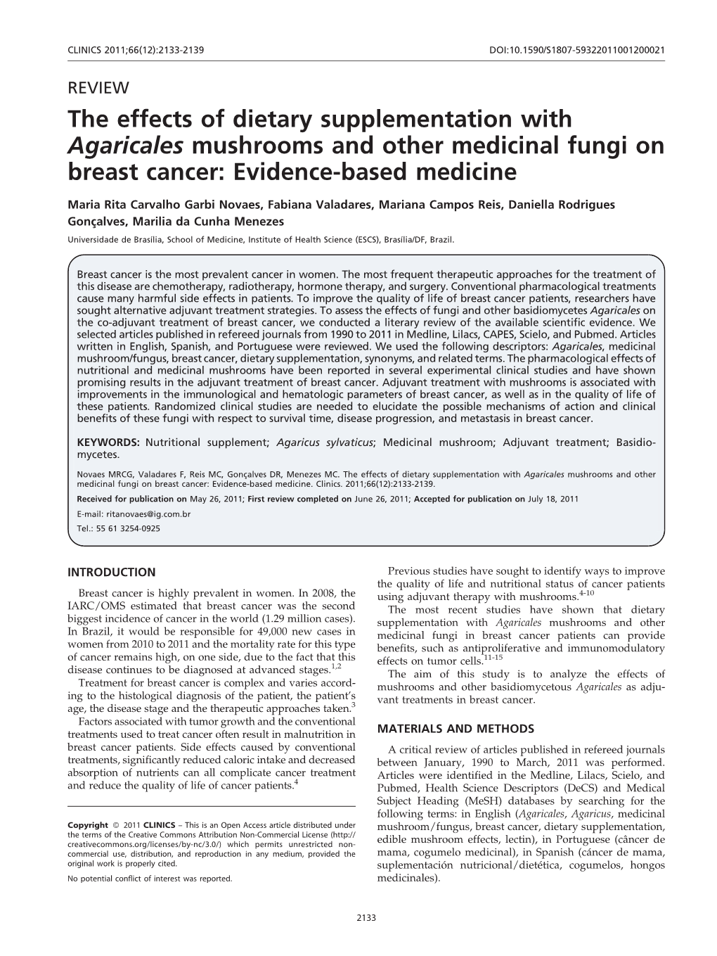 The Effects of Dietary Supplementation with Agaricales Mushrooms and Other Medicinal Fungi on Breast Cancer: Evidence-Based Medicine