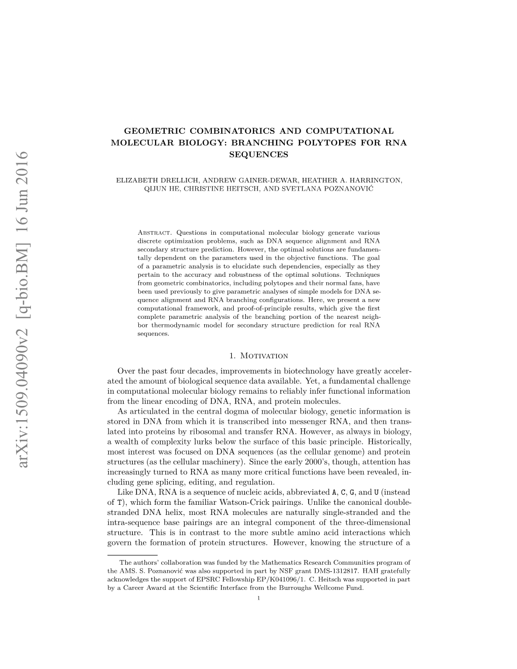 Geometric Combinatorics and Computational Molecular Biology