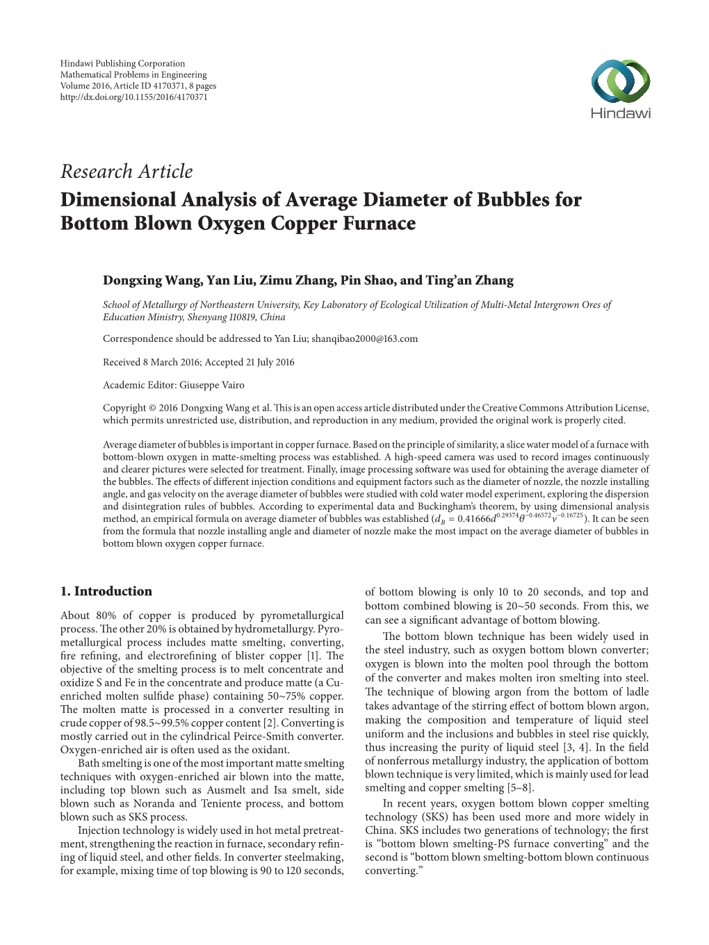 Research Article Dimensional Analysis of Average Diameter of Bubbles for Bottom Blown Oxygen Copper Furnace