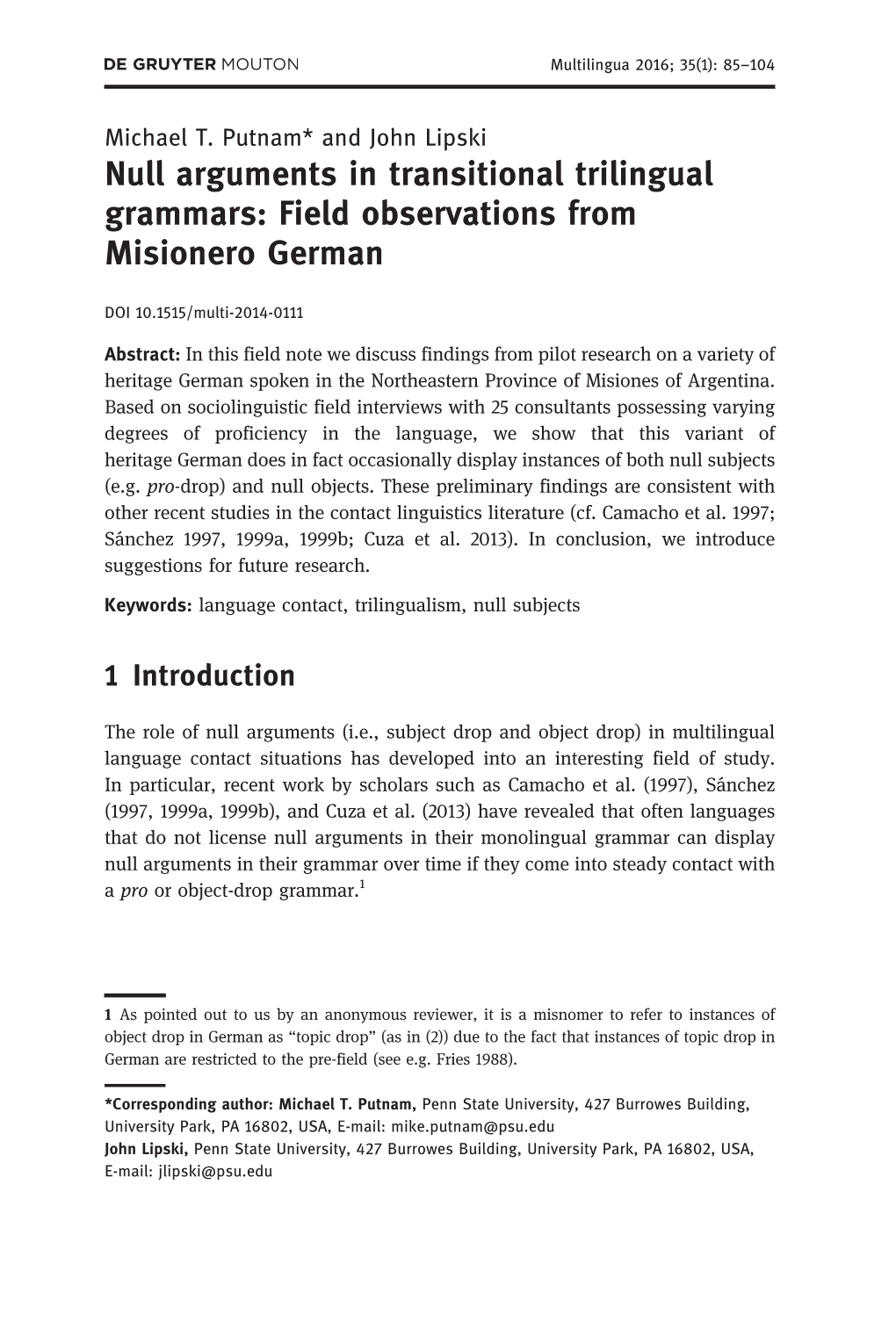 Null Arguments in Transitional Trilingual Grammars: Field Observations from Misionero German