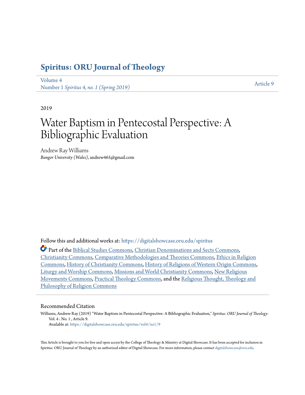 Water Baptism in Pentecostal Perspective: a Bibliographic Evaluation Andrew Ray Williams Bangor University (Wales), Andrew465@Gmail.Com