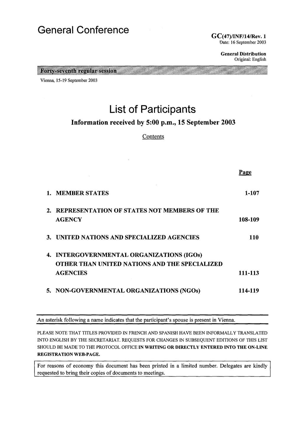 List of Participants Information Received by 5:00 P.M., 15 September 2003