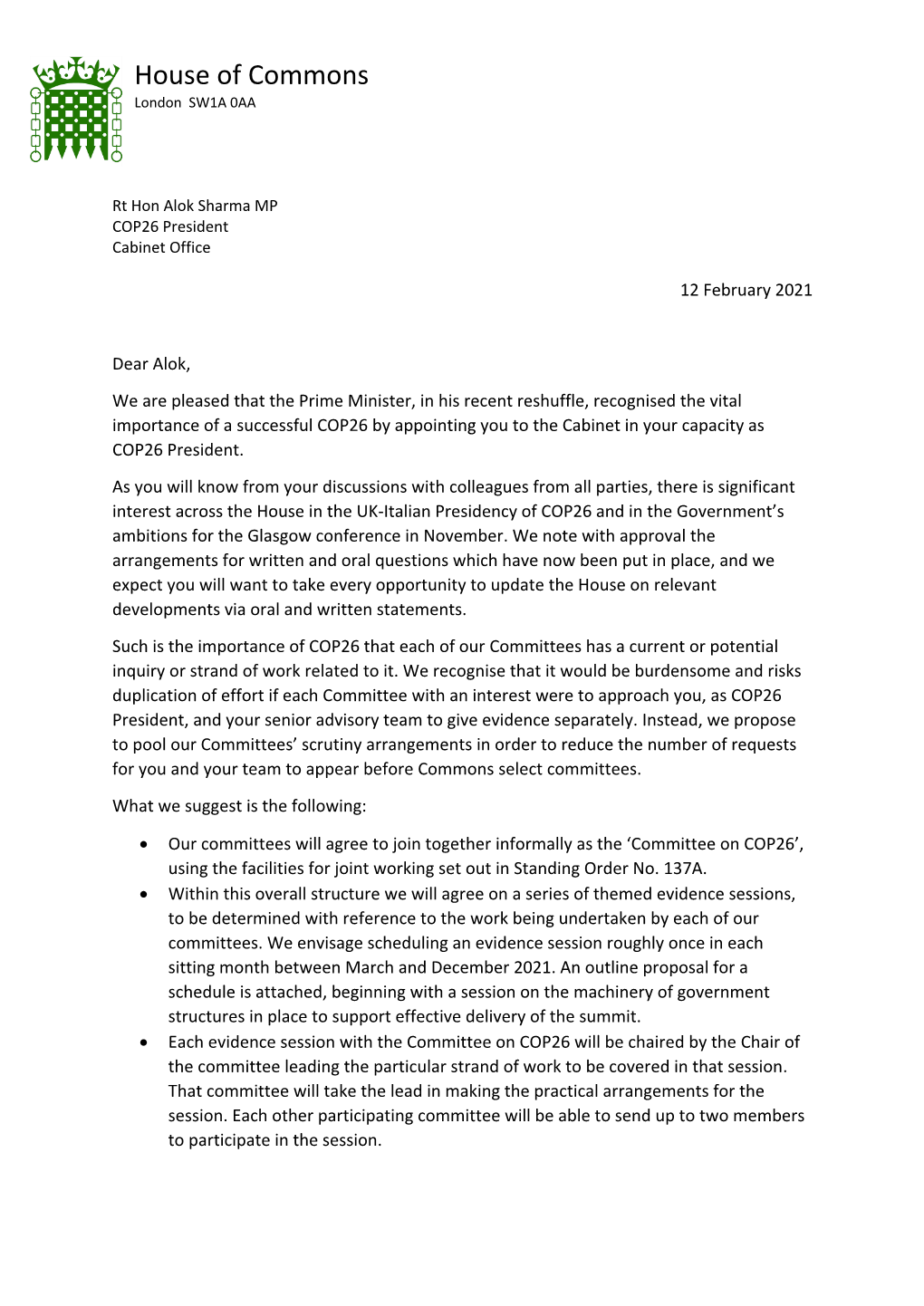 Letter to Rt Hon Alok Sharma MP, 12 February 2021