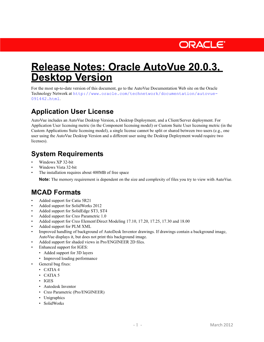 Oracle Autovue 20.0.3, Desktop Version Release Notes