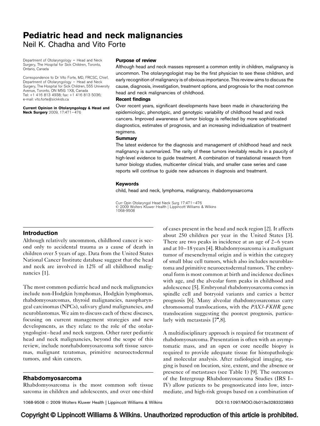 Pediatric Head and Neck Malignancies Neil K