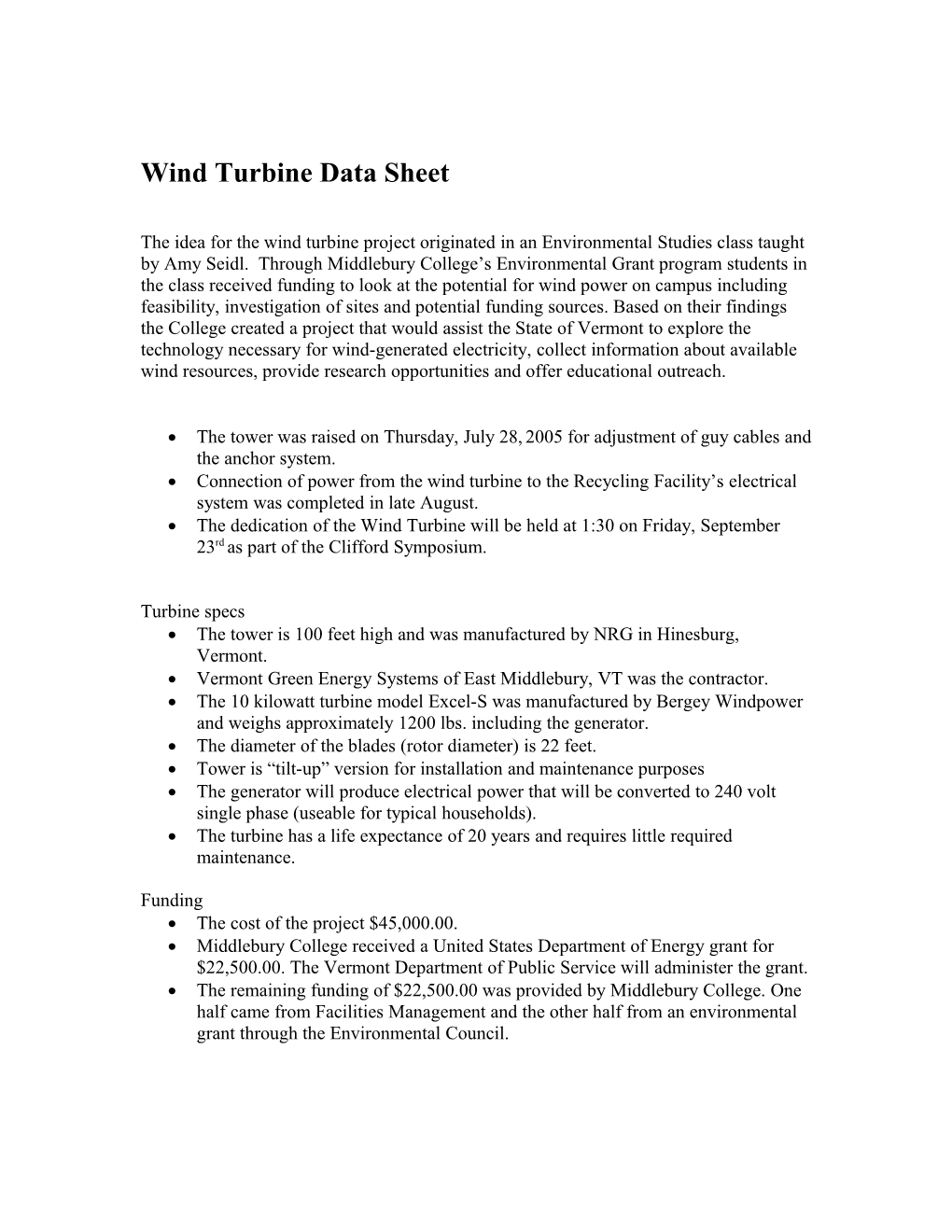 Wind Turbine Data Sheet