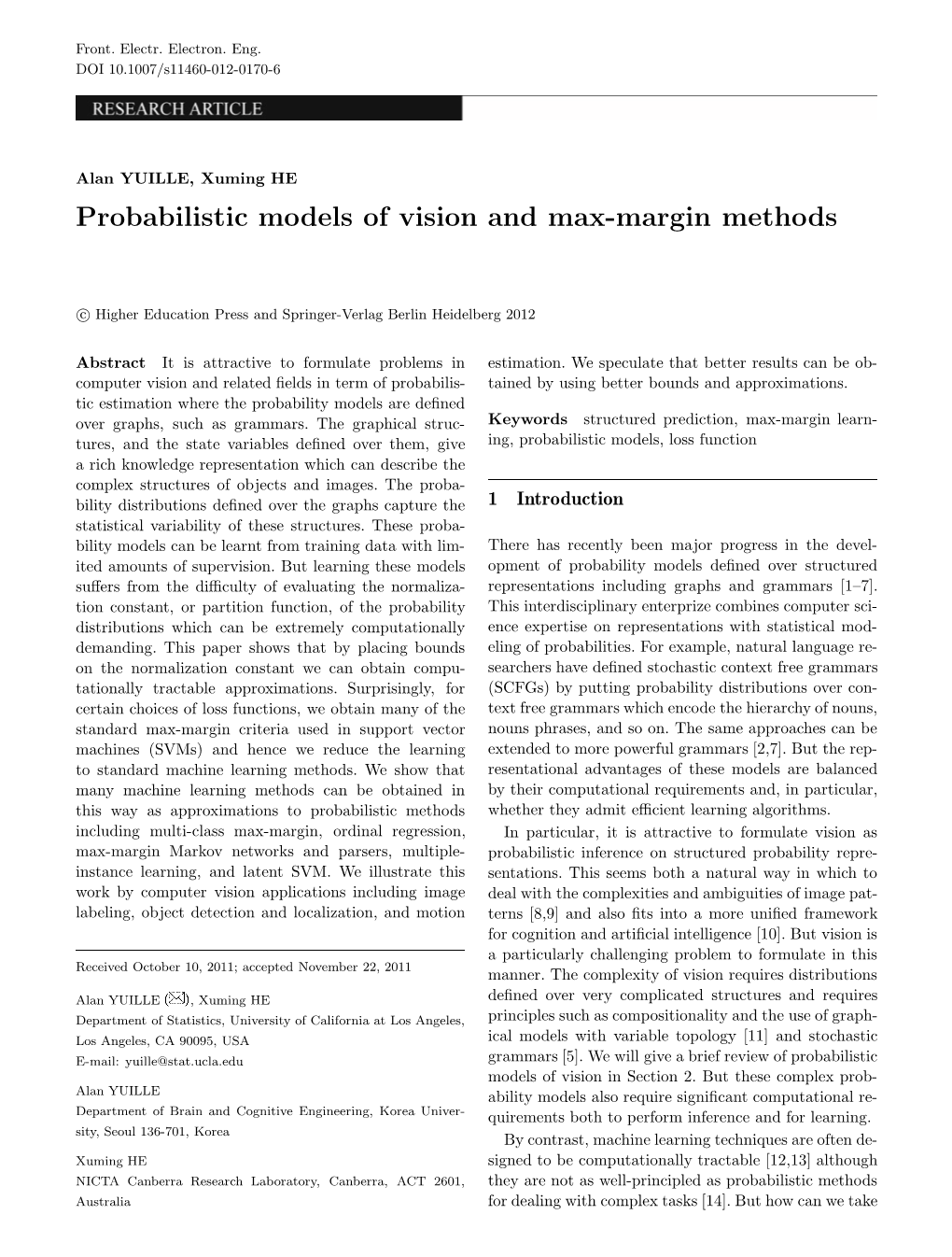 Probabilistic Models of Vision and Max-Margin Methods