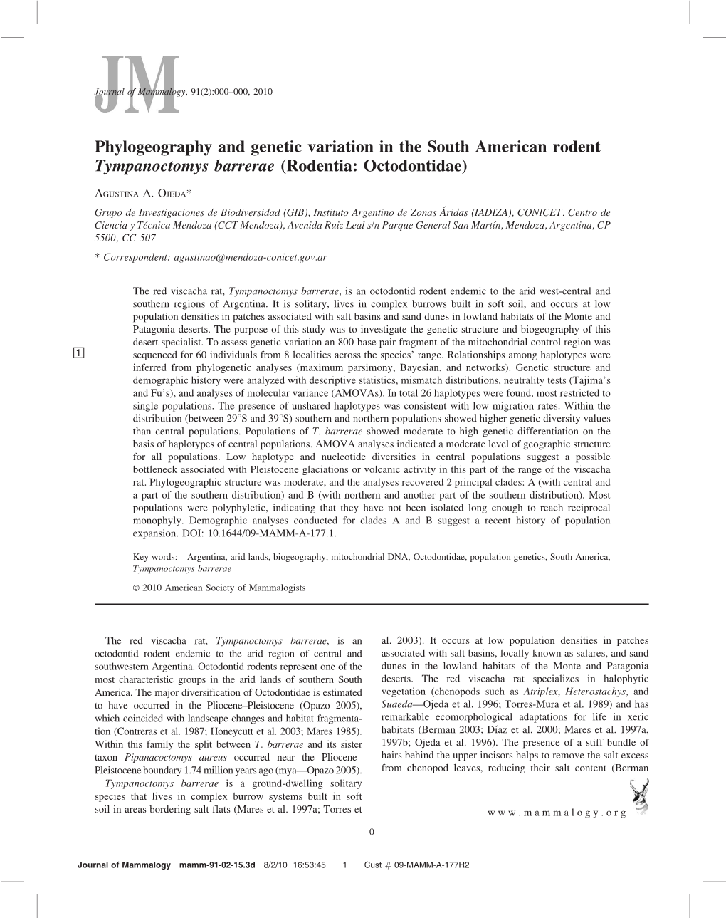 Phylogeography and Genetic Variation in the South American Rodent Tympanoctomys Barrerae (Rodentia: Octodontidae)