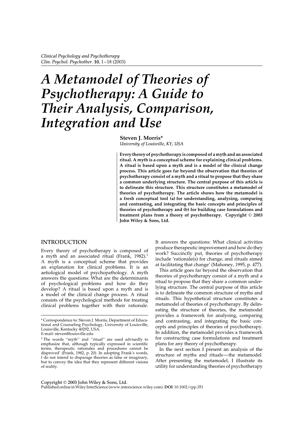 A Metamodel of Theories of Psychotherapy: a Guide to Their Analysis, Comparison, Integration and Use Steven J