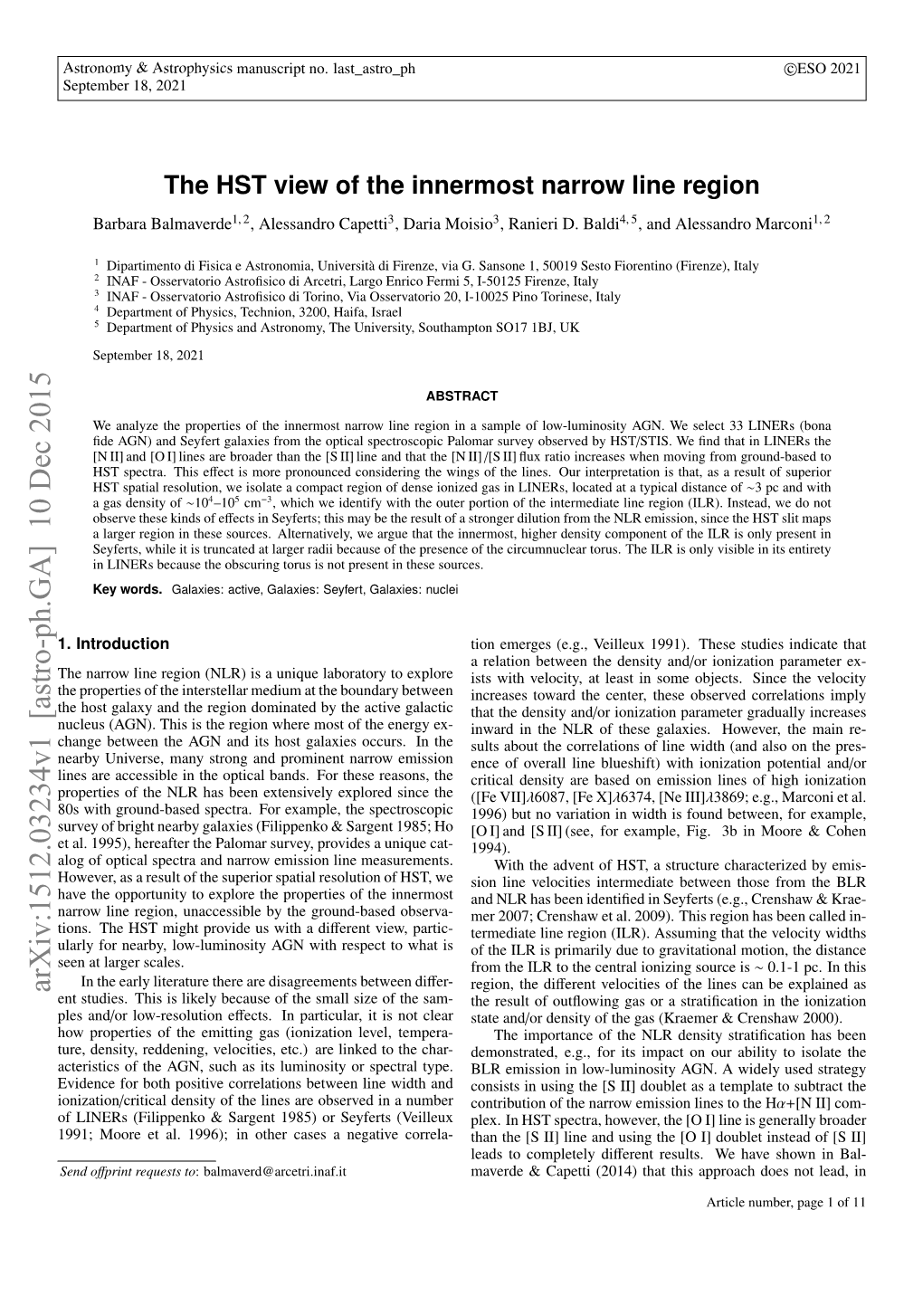 The HST View of the Innermost Narrow Line Region Barbara Balmaverde1, 2, Alessandro Capetti3, Daria Moisio3, Ranieri D