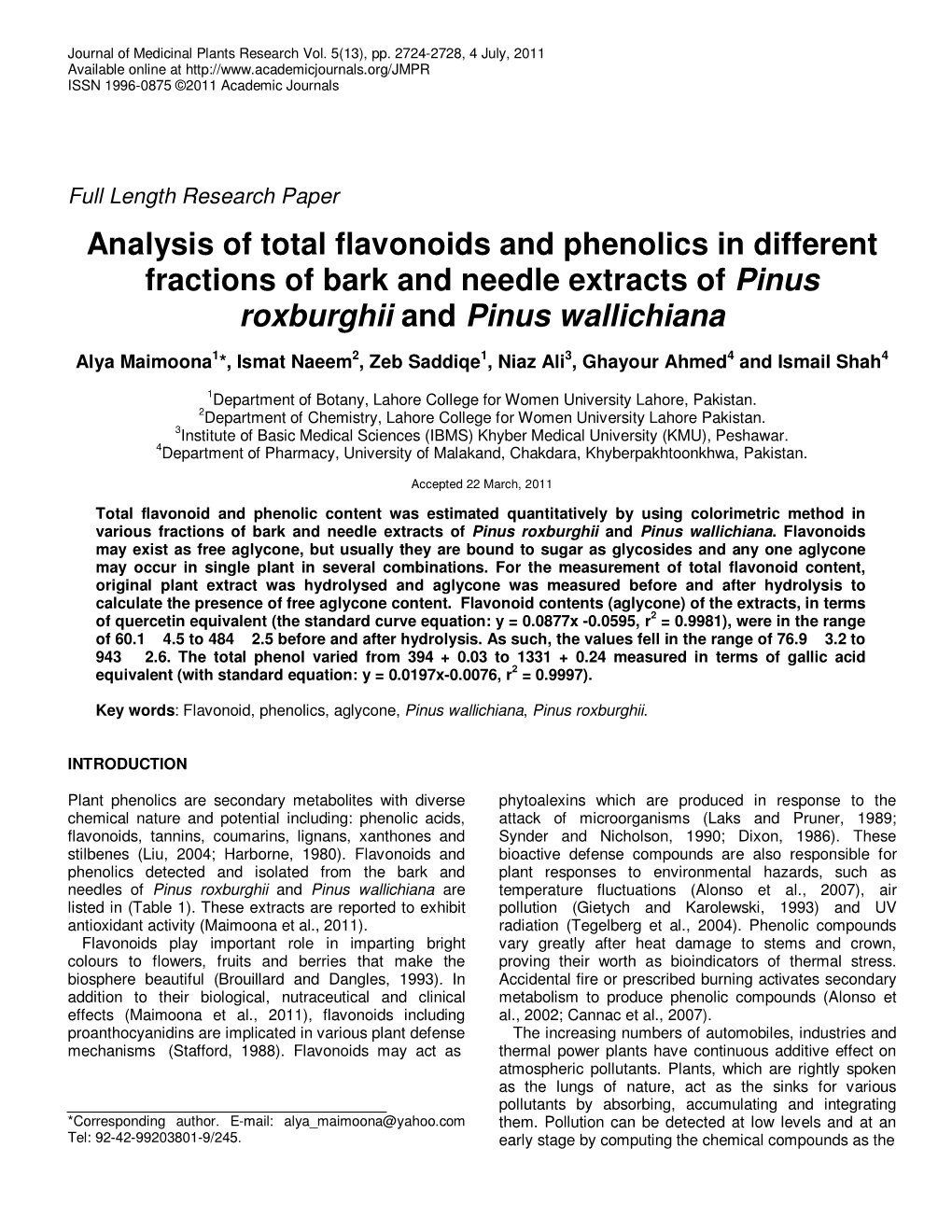 Analysis of Total Flavonoids and Phenolics in Different Fractions of Bark and Needle Extracts of Pinus Roxburghii and Pinus Wallichiana