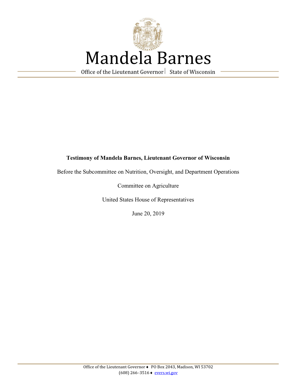 Mandela Barnes Office of the Lieutenant Governor  State of Wisconsin