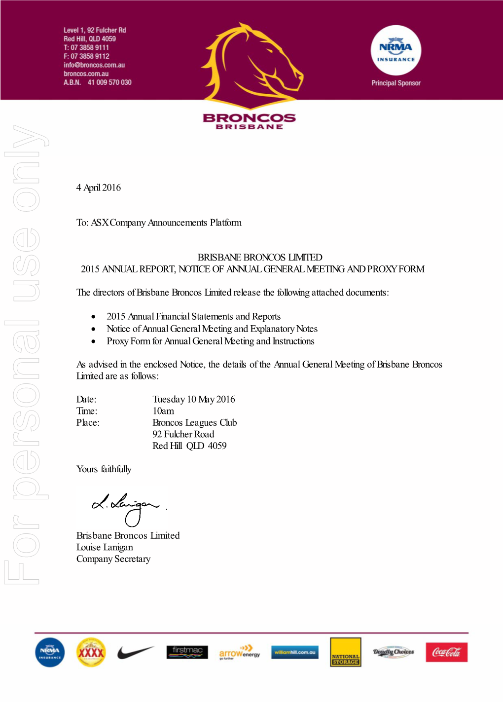 Brisbane Broncos Limited 2015 Annual Report, Notice of Annual General Meeting and Proxy Form