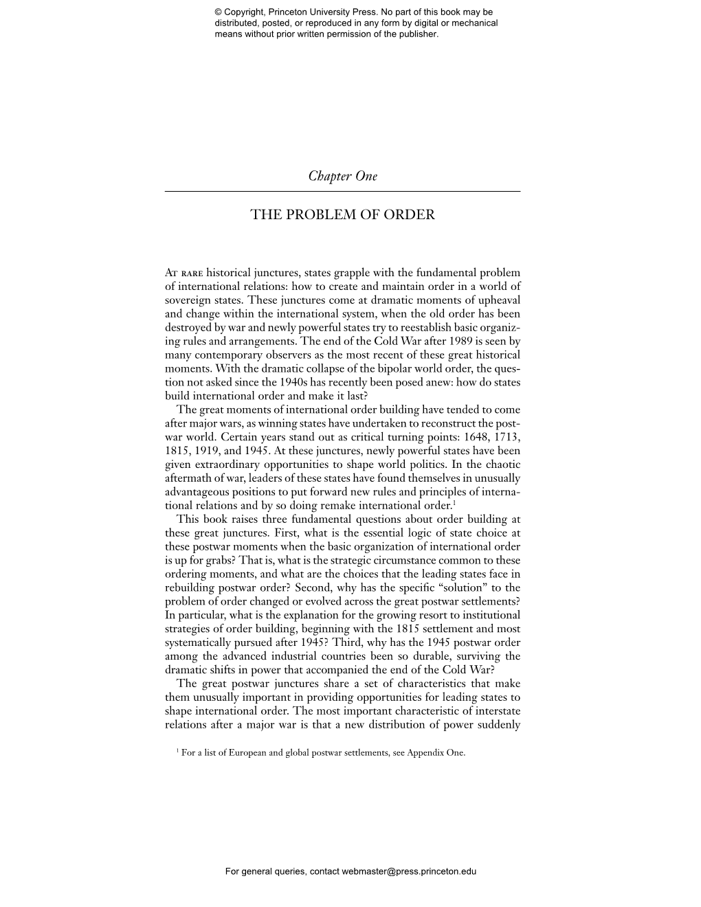 Chapter One the PROBLEM of ORDER