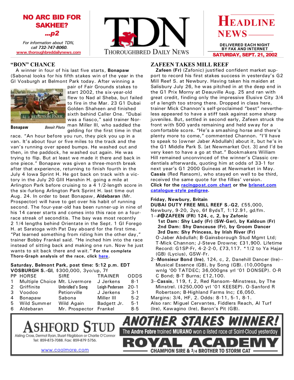 HEADLINE ...P2 NEWS for Information About TDN, DELIVERED EACH NIGHT Call 732-747-8060