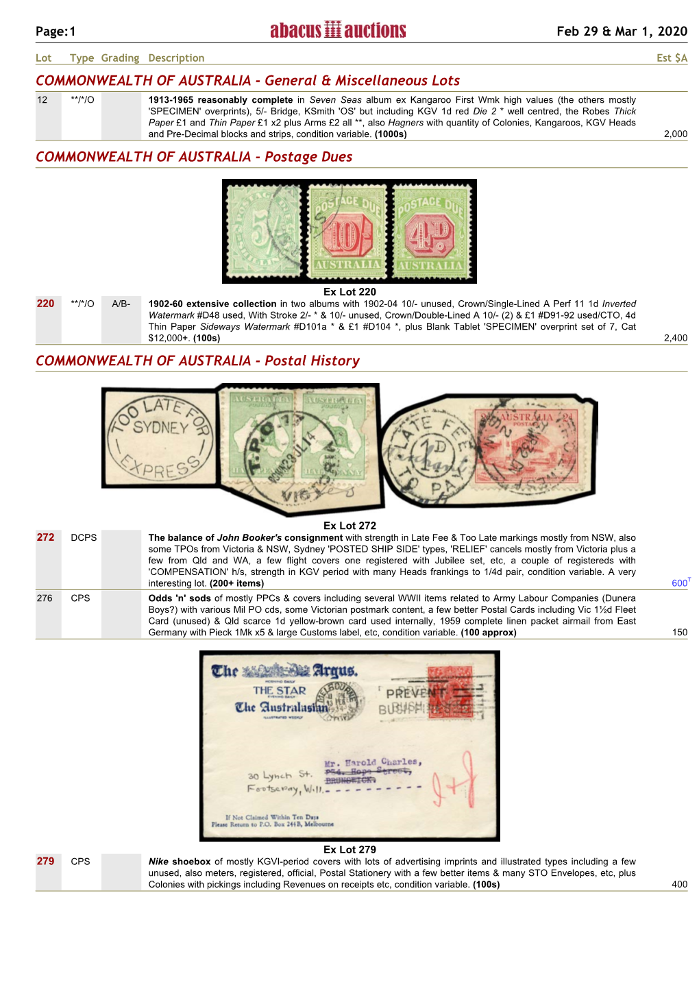 Xref Ozcols Catalogue for Auction