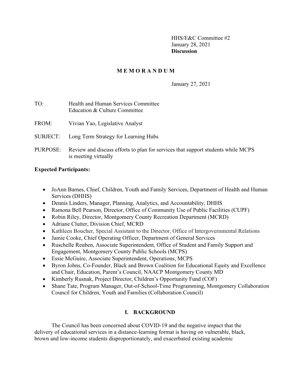 HHS/E&C Committee #2 January 28, 2021 Discussion MEMORANDUM