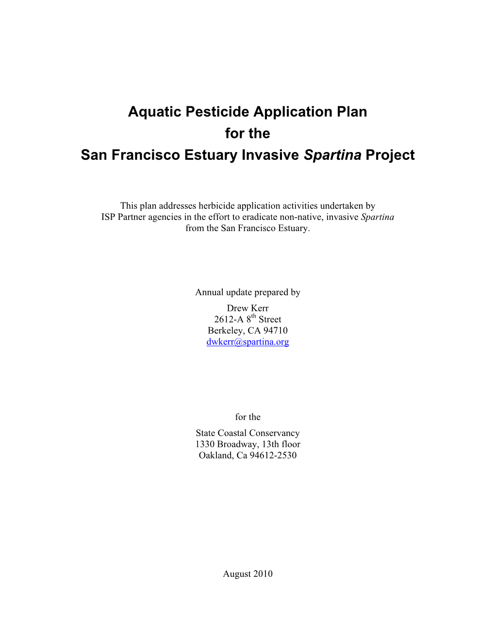 Aquatic Pesticide Application Plan for the San Francisco Estuary Invasive Spartina Project