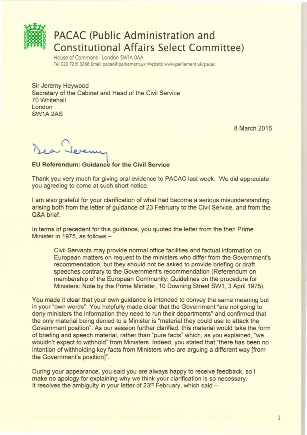 Letter from Bernard Jenkin MP to Sir Jeremy Heywood
