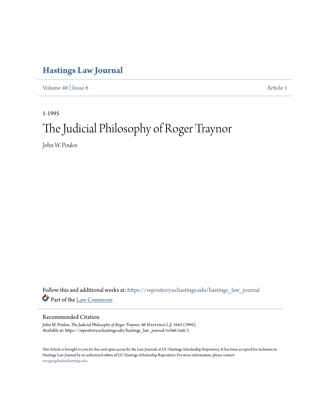 The Judicial Philosophy of Roger Traynor, 46 Hastings L.J