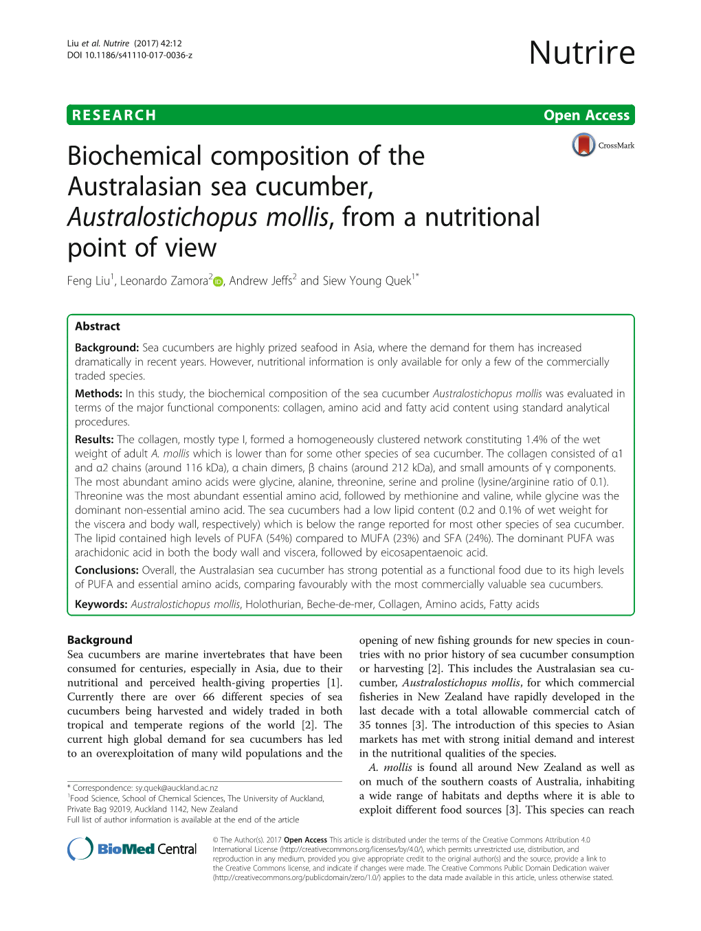 Biochemical Composition of the Australasian Sea Cucumber