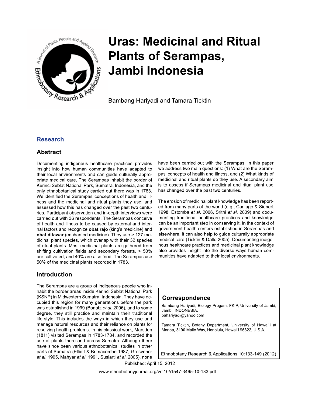 Uras: Medicinal and Ritual Plants of Serampas, Jambi Indonesia