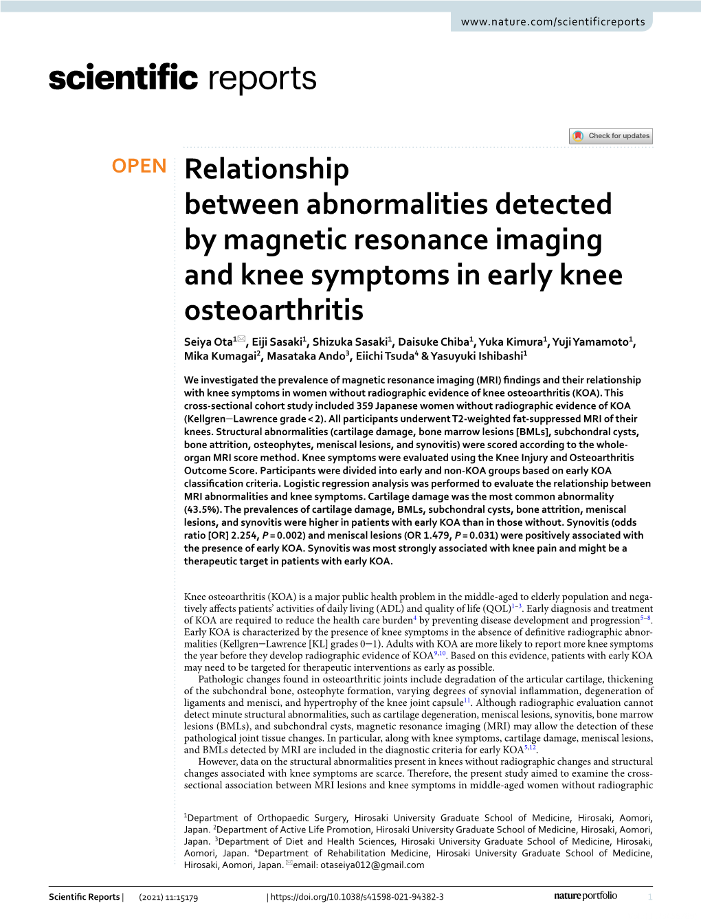 Relationship Between Abnormalities Detected by Magnetic Resonance Imaging and Knee Symptoms in Early Knee Osteoarthritis