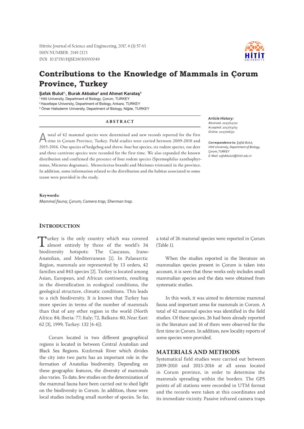 Contributions to the Knowledge of Mammals in Çorum Province, Turkey