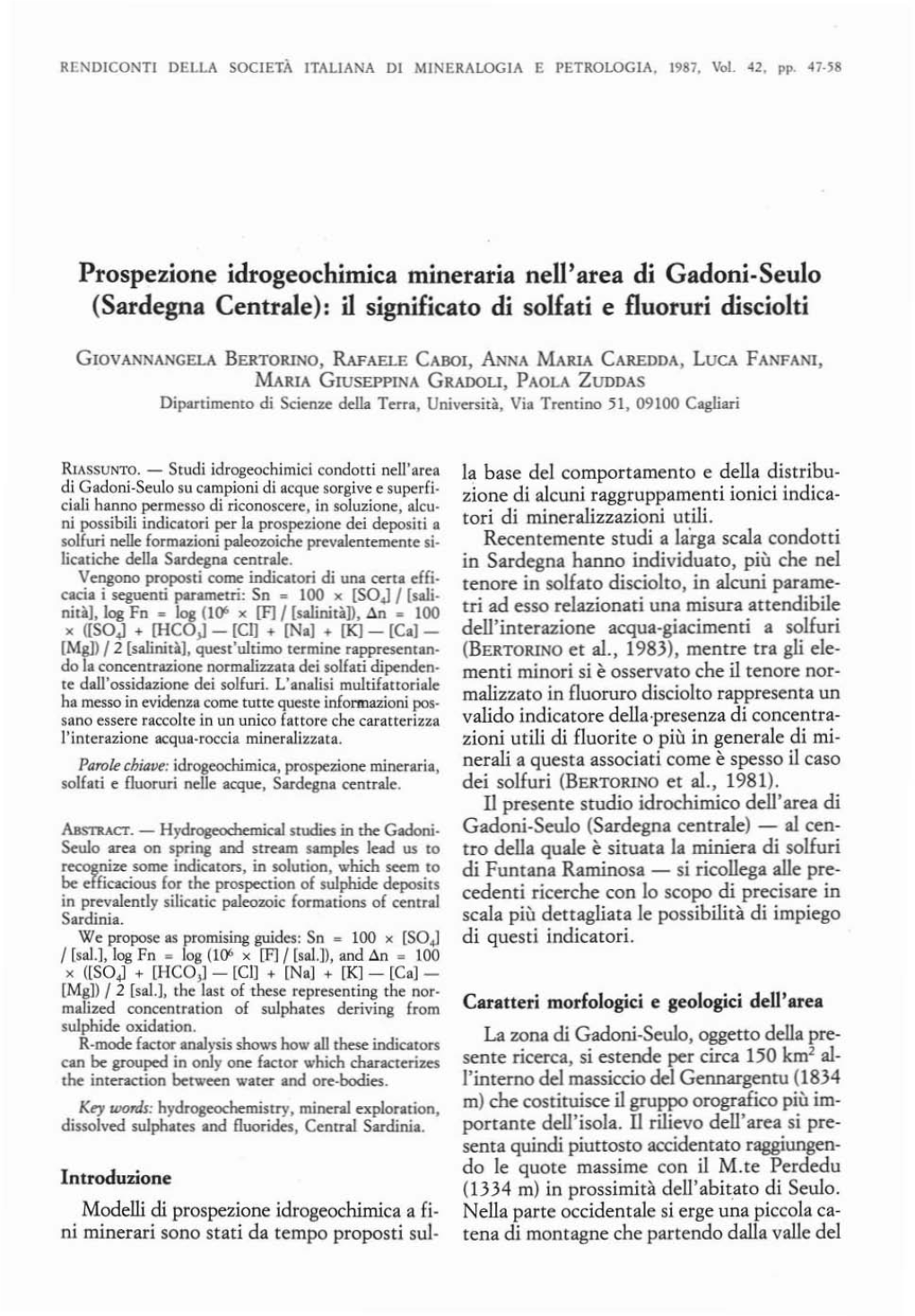 Prospezione Idrogeochimica Mineraria Nell'area Di Gadoni·Seulo (Sardegna Centrale): Il Significato Di Solfati E Fluoruri Disciolti