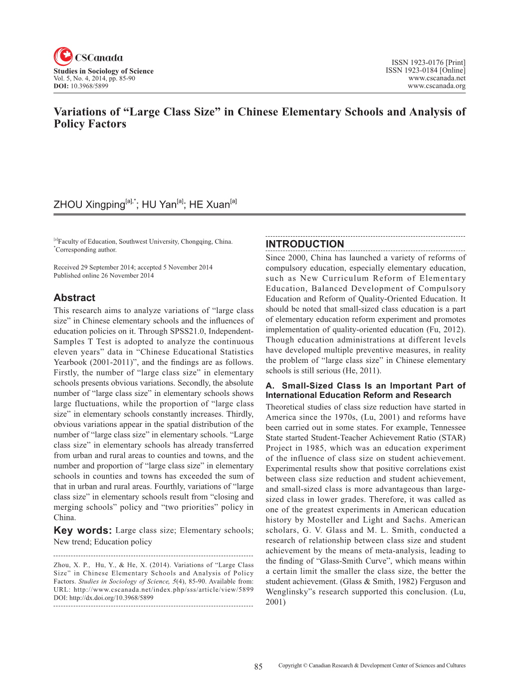 Large Class Size” in Chinese Elementary Schools and Analysis of Policy Factors